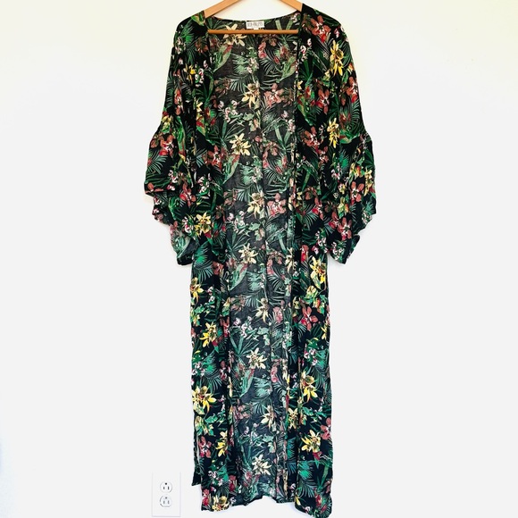 XIX Palms Other - XIX Palms Hawaiian Floral Long Belted Robe Kimono Swim Cover Up Sz OS